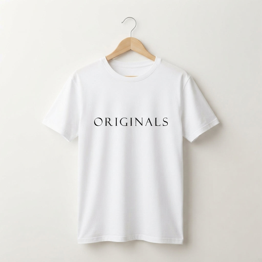 ORIGINALS Minimalist Serif Typography Graphic T-Shirt - Premium Soft Cotton Crew Neck Tee in White & Blue