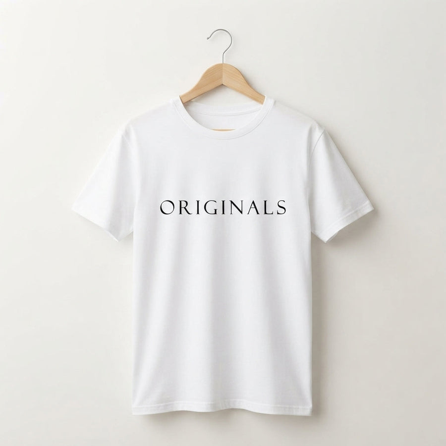 ORIGINALS Minimalist Serif Typography Graphic T-Shirt - Premium Soft Cotton Crew Neck Tee in White & Blue