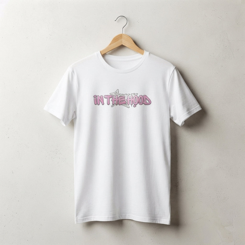 In The Hood Pink Graffiti Typography Graphic T-Shirt - Urban Streetwear Cotton Crew Neck Tee in Black & White