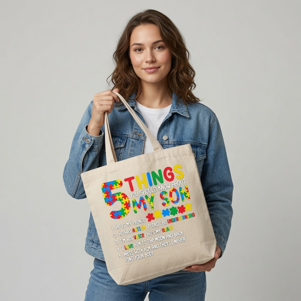 5 Things You Should Know About My Son Autism Awareness Canvas Tote Bag – Proud Autism Mom Tote