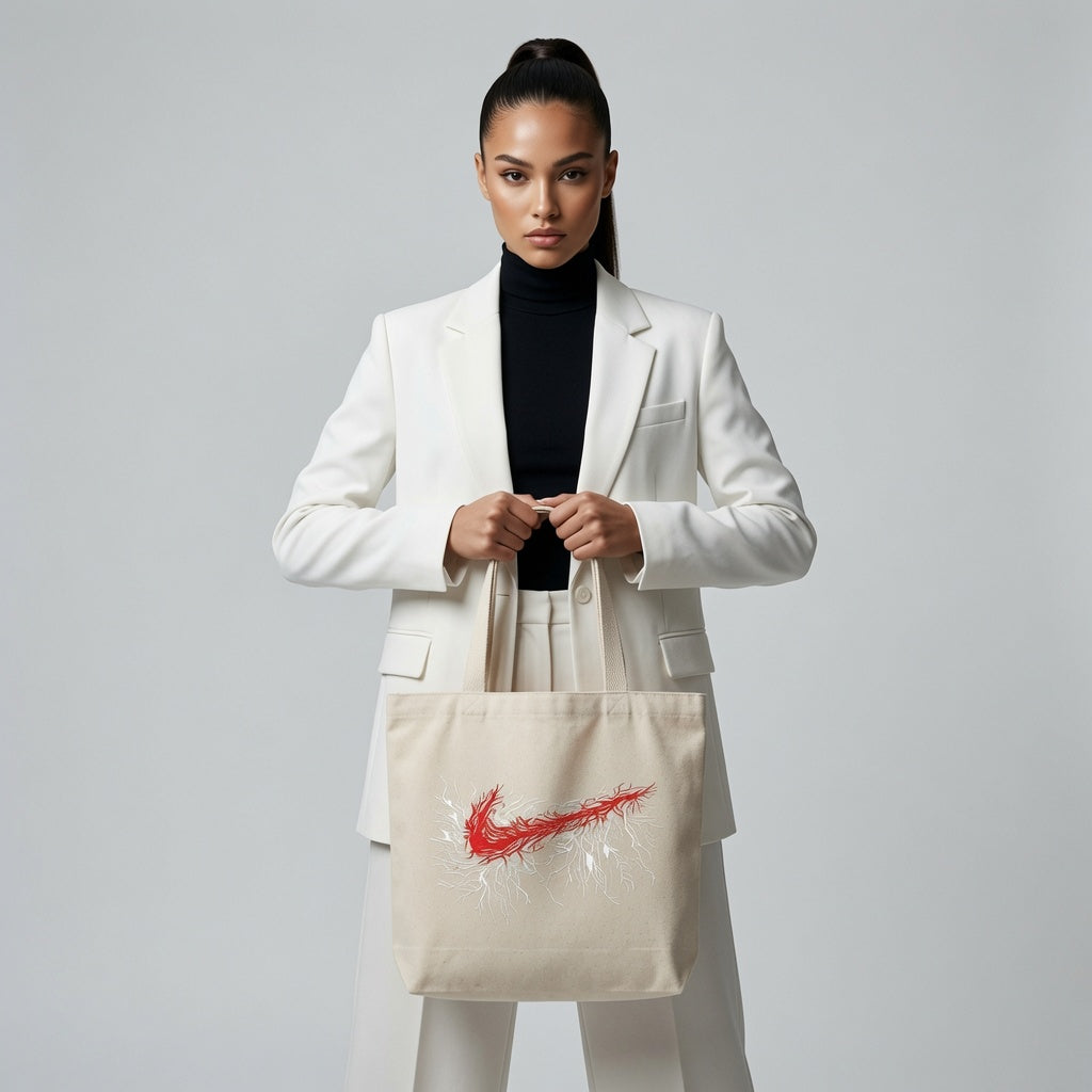Abstract Root & Vein Swoosh Canvas Tote Bag - Artistic Red & White Graphic Shoulder Bag