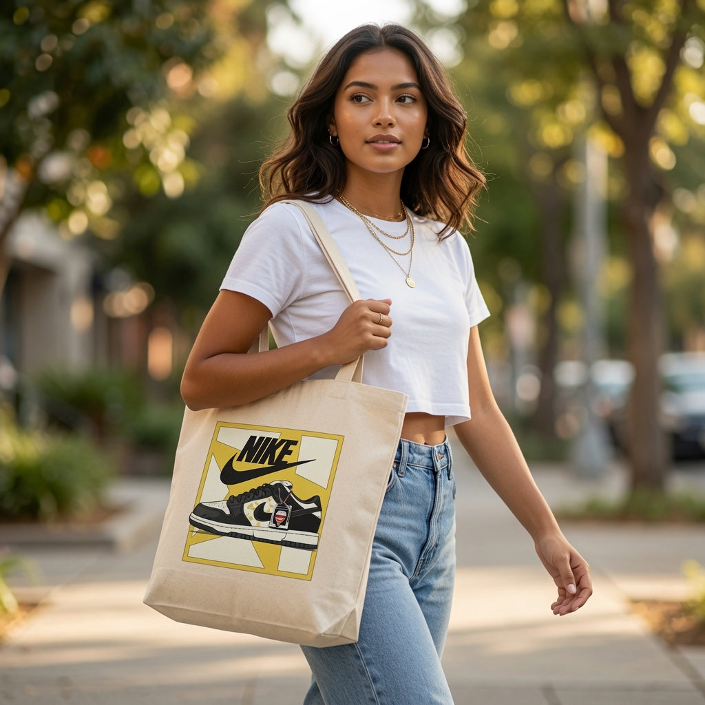Black & Yellow Framed Sneaker Canvas Tote Bag - Graphic Low-Top Streetwear Shoulder Bag