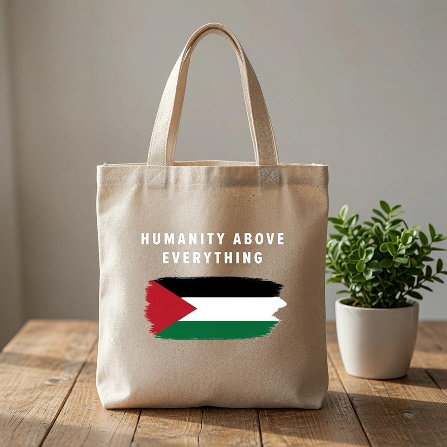 Humanity Above Everything Palestine Flag Canvas Tote Bag - Peace & Solidarity Handbag