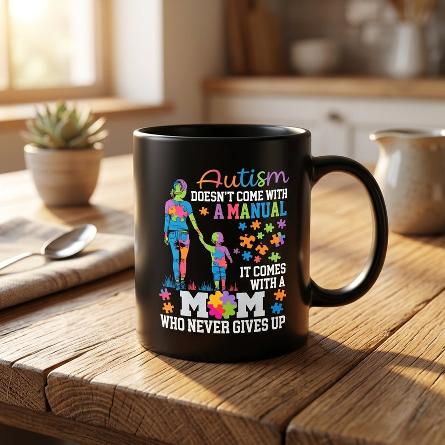 Autism Doesn't Come With A Manual It Comes With A Mom Ceramic Coffee Mug - Inspirational Autism Mom Puzzle Graphic Drinkware Cup (11oz)