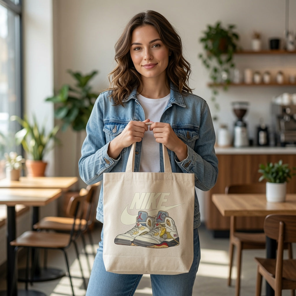 Vintage Off-White High-Top Sneaker Graphic Canvas Tote Bag - Classic Streetwear Shoulder Bag
