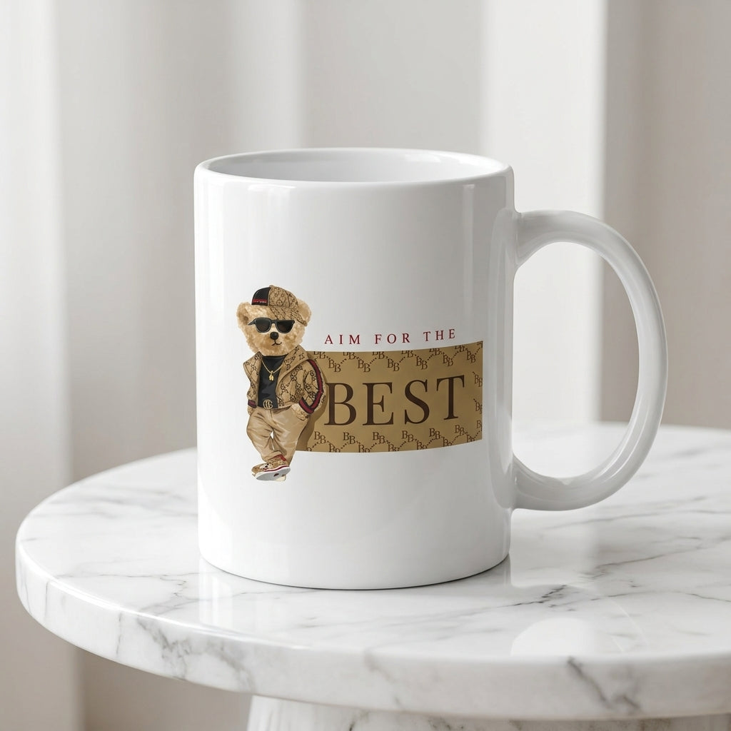 Aim For The Best Cool Teddy Bear Graphic White Ceramic Cup - Trendy Luxury Parody Coffee Cup (11oz)