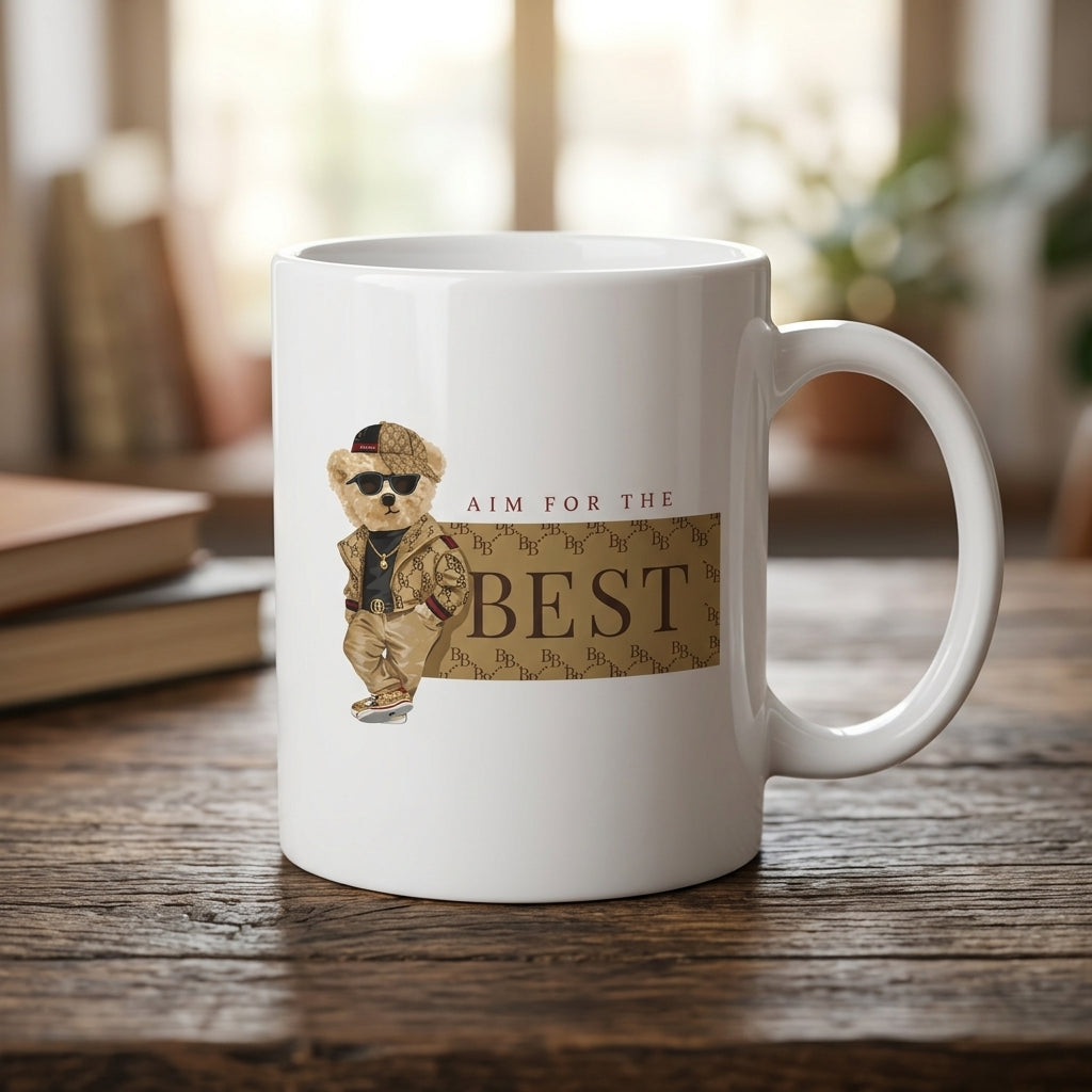 Aim For The Best Cool Teddy Bear Graphic White Ceramic Cup - Trendy Luxury Parody Coffee Cup (11oz)