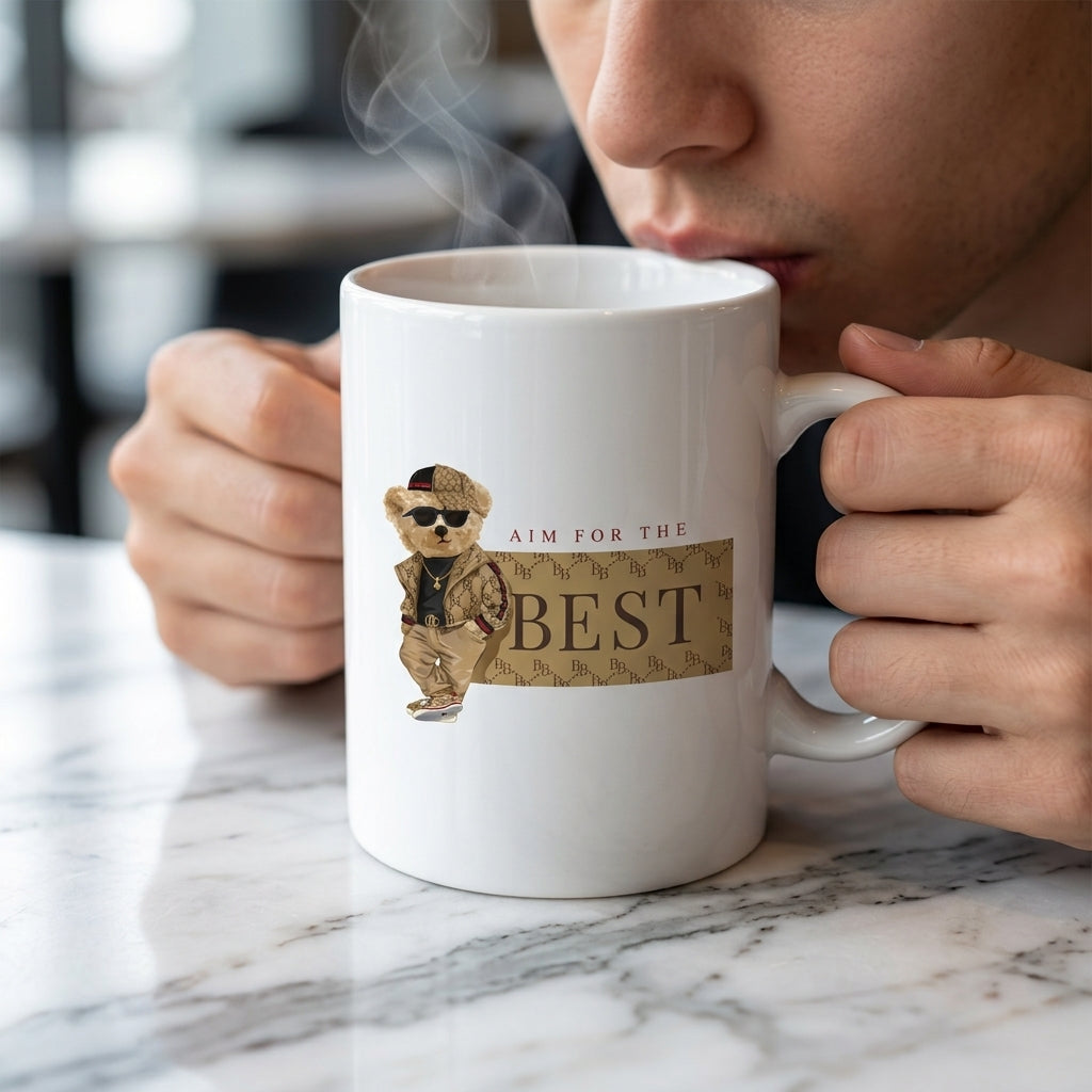 Aim For The Best Cool Teddy Bear Graphic White Ceramic Cup - Trendy Luxury Parody Coffee Cup (11oz)