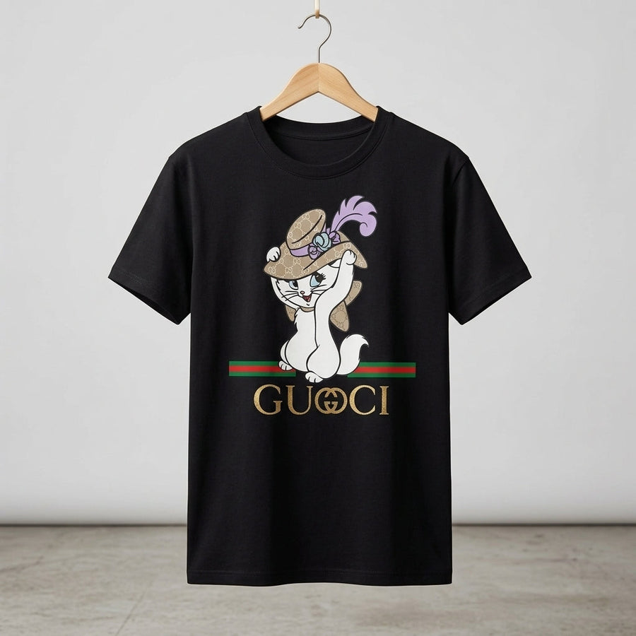 Cute Kitten in Luxury Monogram Hat Graphic T-Shirt - Stylish Parody Fashion Unisex Cotton Streetwear Tee