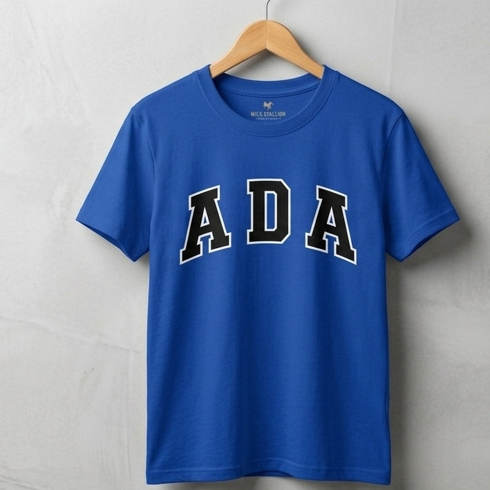 ADA Classic College Varsity Block Typography Graphic T-Shirt - Premium Soft Cotton Crew Neck Tee in White & Blue