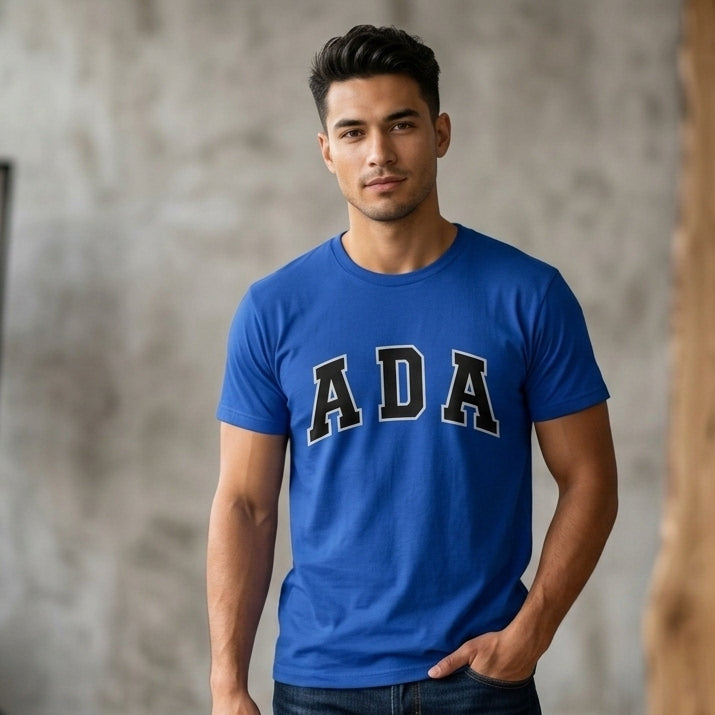 ADA Classic College Varsity Block Typography Graphic T-Shirt - Premium Soft Cotton Crew Neck Tee in White & Blue