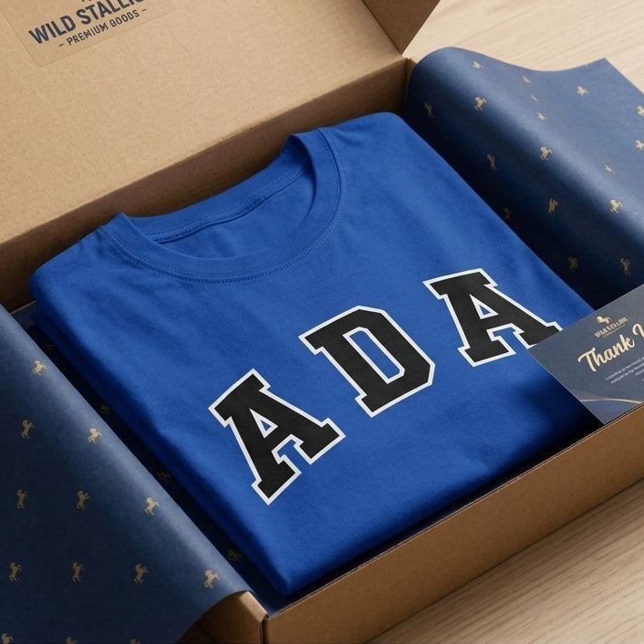 ADA Classic College Varsity Block Typography Graphic T-Shirt - Premium Soft Cotton Crew Neck Tee in White & Blue