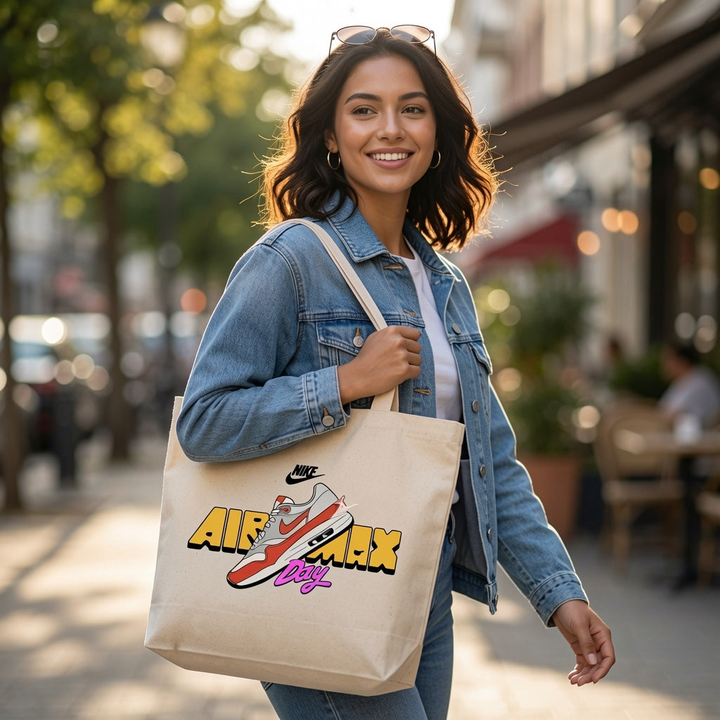 Air Max Day Red & White Sneaker Graphic Canvas Tote Bag - Retro Streetwear Shoulder Bag