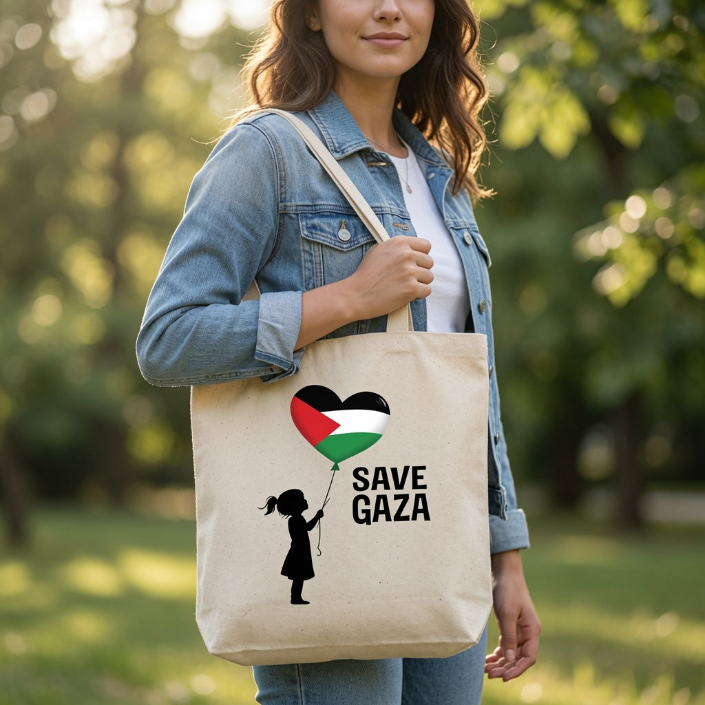 Save Gaza Palestinian Heart Balloon Canvas Tote Bag – Free Palestine Heritage Tote