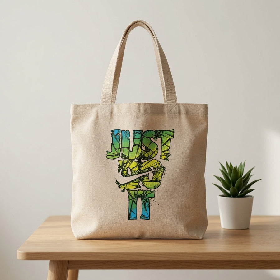 Shattered Glass Just Do It Typography Canvas Tote Bag - Green & Blue Mosaic Streetwear Shoulder Bag