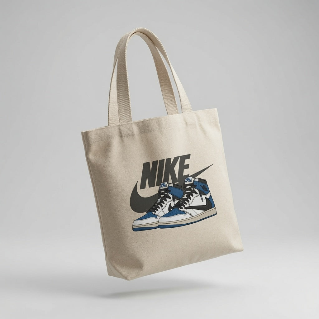 Blue & White High-Top Graphic Canvas Tote Bag - Reverse Swoosh Streetwear Shoulder Bag