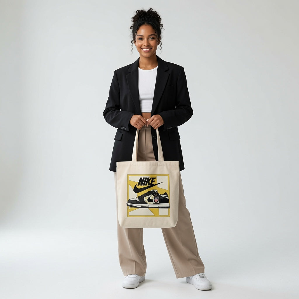 Black & Yellow Framed Sneaker Canvas Tote Bag - Graphic Low-Top Streetwear Shoulder Bag