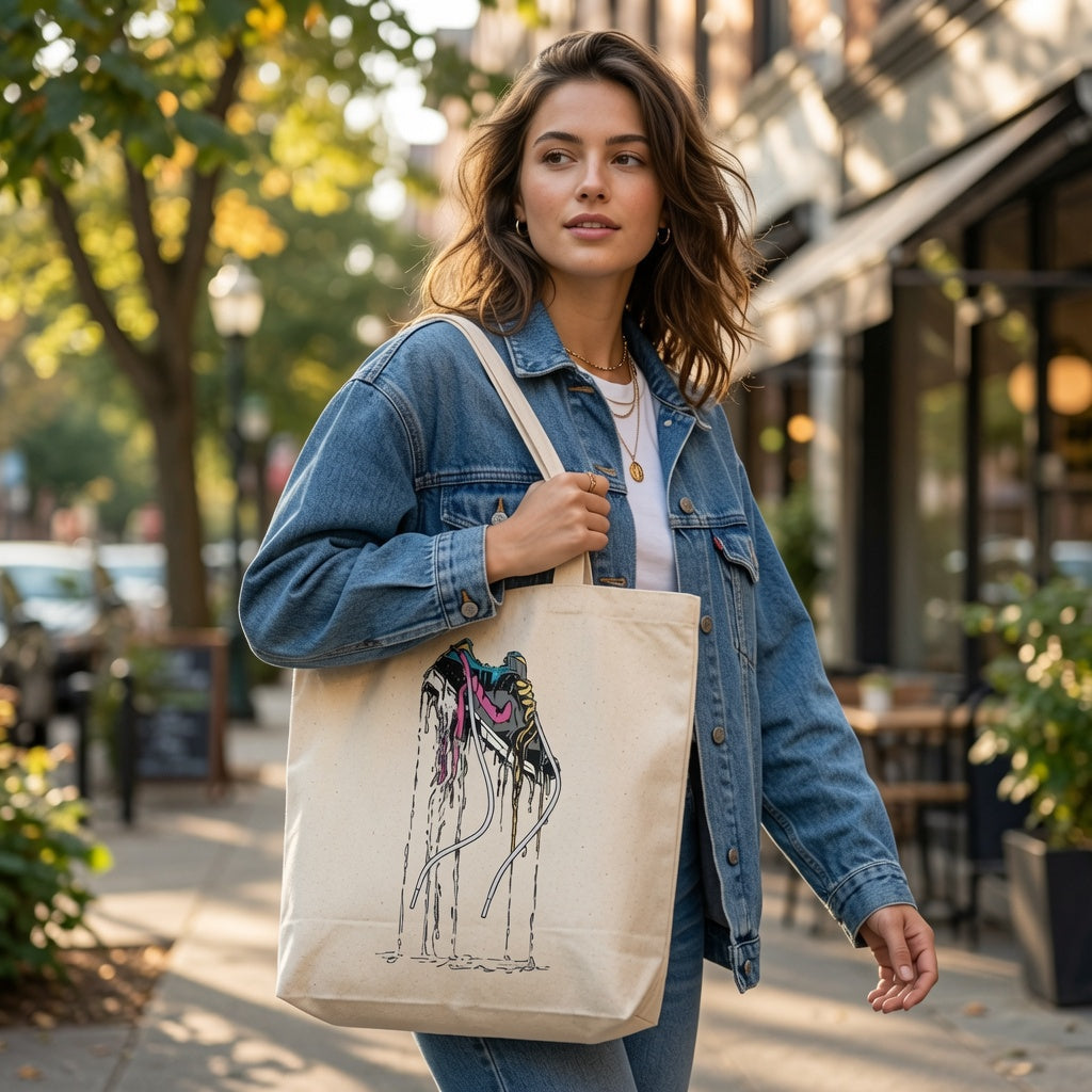 Melting Drip Sneaker Graphic Canvas Tote Bag - Abstract Streetwear Pop Art Shoulder Bag