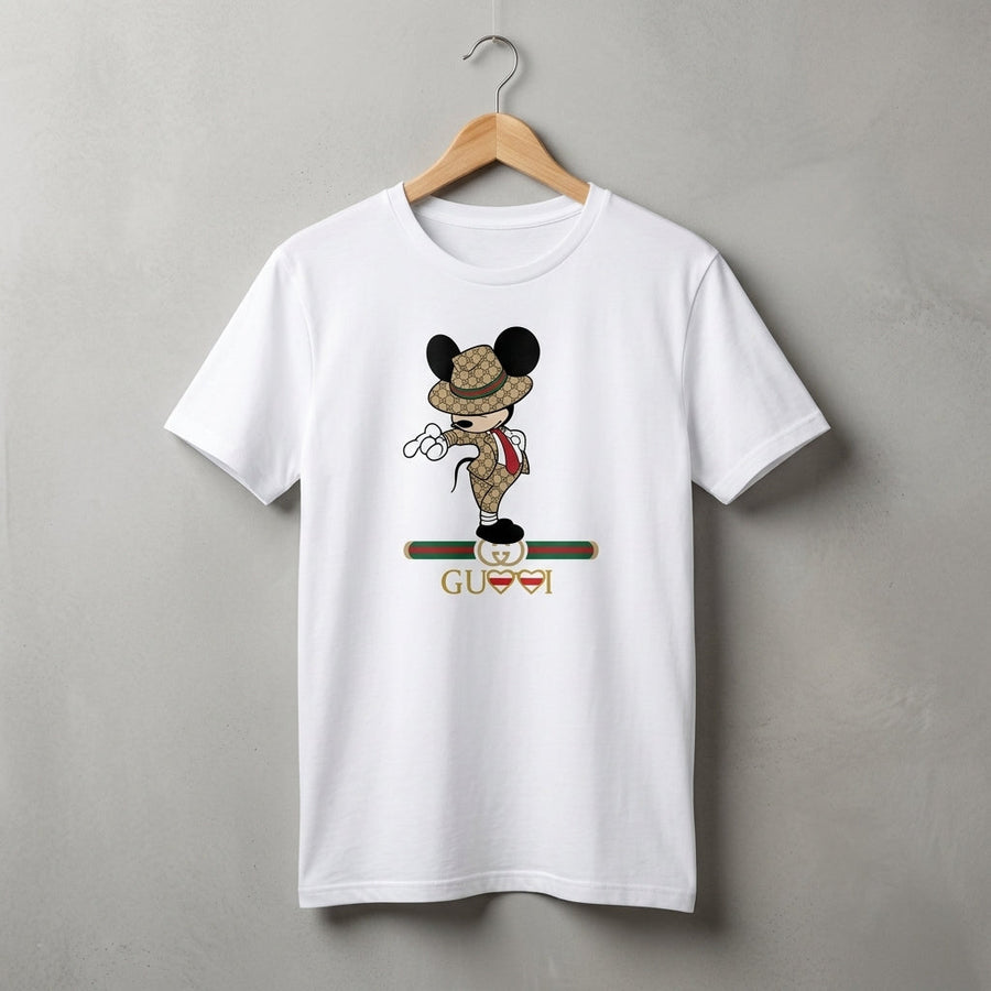 Mickey Mouse in Luxury Monogram Suit & Hat Graphic T-Shirt - White & blue Unisex Cotton Fashion Parody Streetwear Tee