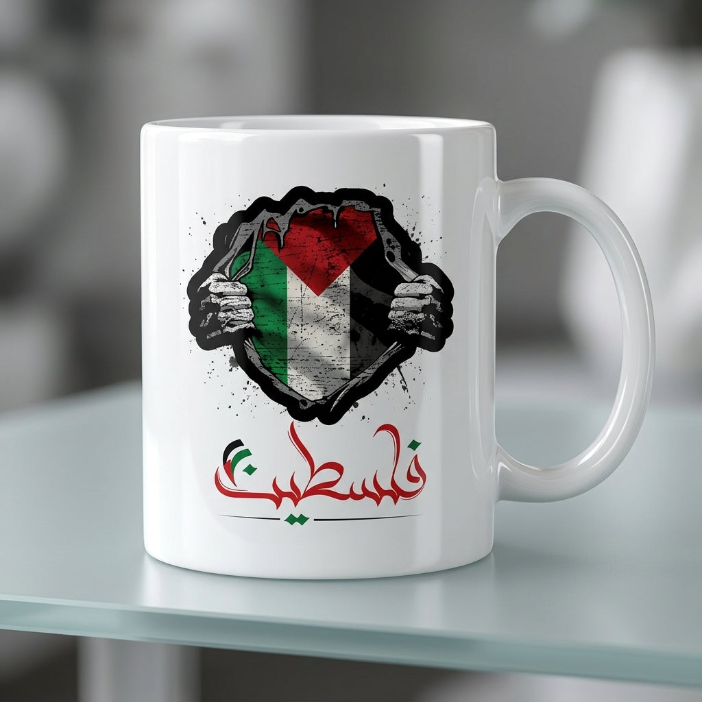 Palestine Flag Inside Ripped Chest Arabic Calligraphy Ceramic Cup – High-Quality Printed Tea & Coffee Drinkware