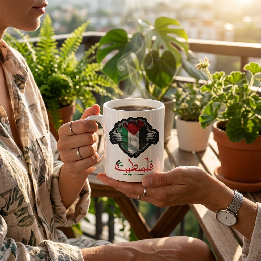 Palestine Flag Inside Ripped Chest Arabic Calligraphy Ceramic Cup – High-Quality Printed Tea & Coffee Drinkware