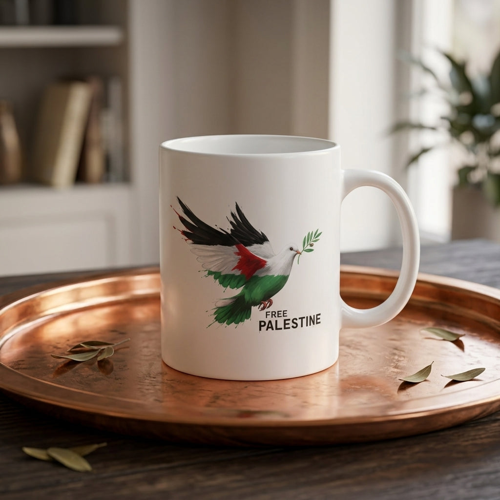 Free Palestine Peace Dove Graphic Ceramic Cup – High-Quality Printed Tea & Coffee Drinkware