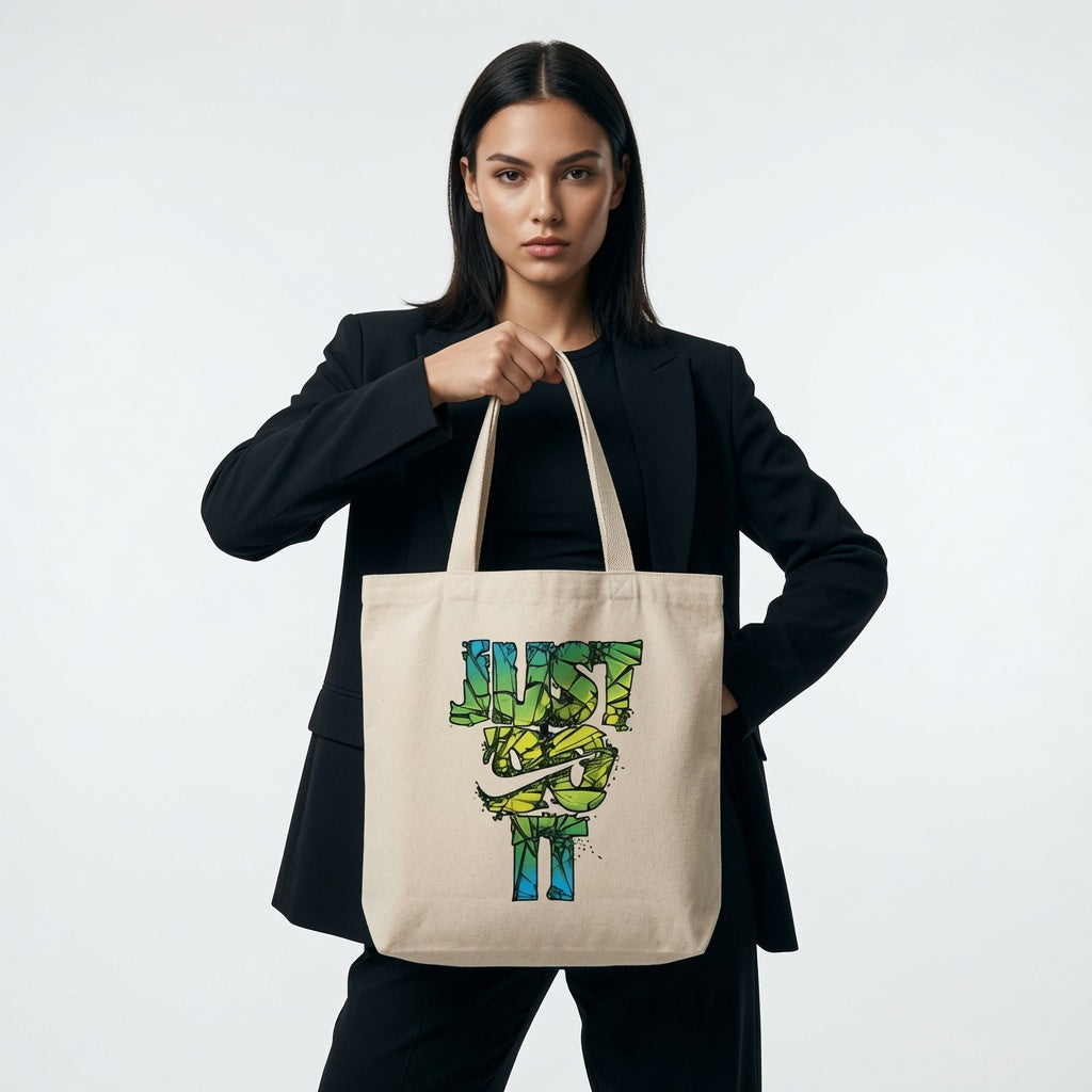 Shattered Glass Just Do It Typography Canvas Tote Bag - Green & Blue Mosaic Streetwear Shoulder Bag
