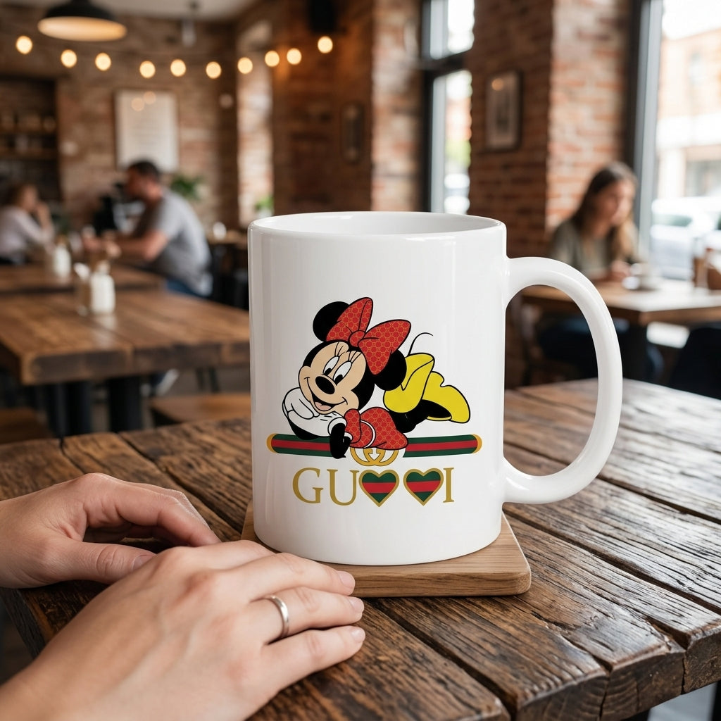Cute Minnie Mouse Luxury Designer Parody White Ceramic Cup - Stylish Fashion Graphic Coffee Cup (11oz)