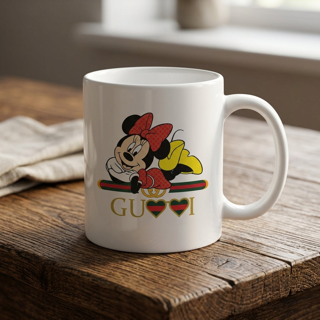 Cute Minnie Mouse Luxury Designer Parody White Ceramic Cup - Stylish Fashion Graphic Coffee Cup (11oz)
