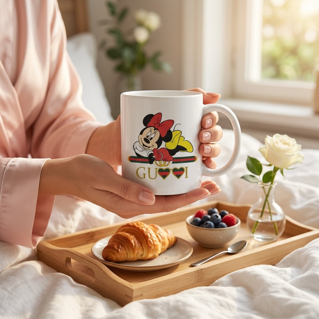 Cute Minnie Mouse Luxury Designer Parody White Ceramic Cup - Stylish Fashion Graphic Coffee Cup (11oz)