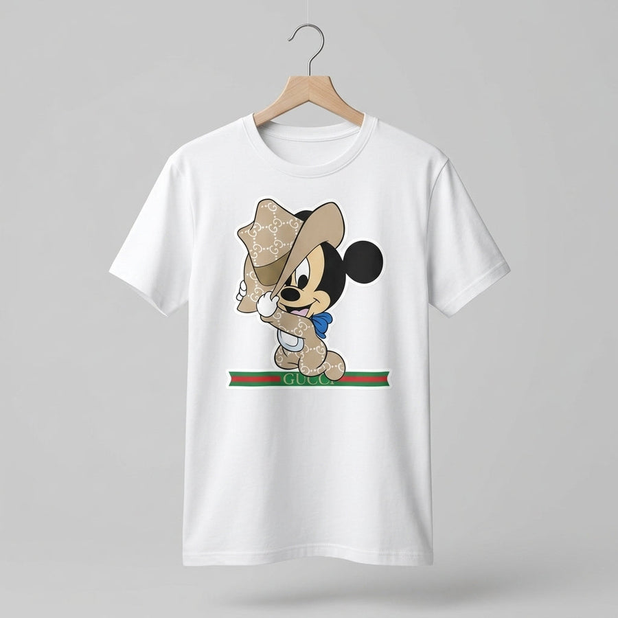 Mickey Mouse in Luxury Monogram Cowboy Outfit Graphic T-Shirt - White & Blue Unisex Cotton Streetwear Parody Tee