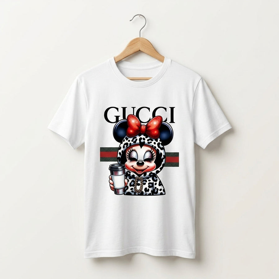 Minnie Mouse in Leopard Hoodie holding Coffee Cup Graphic T-Shirt - White & Blue Unisex Cotton Fashion Parody Streetwear Tee