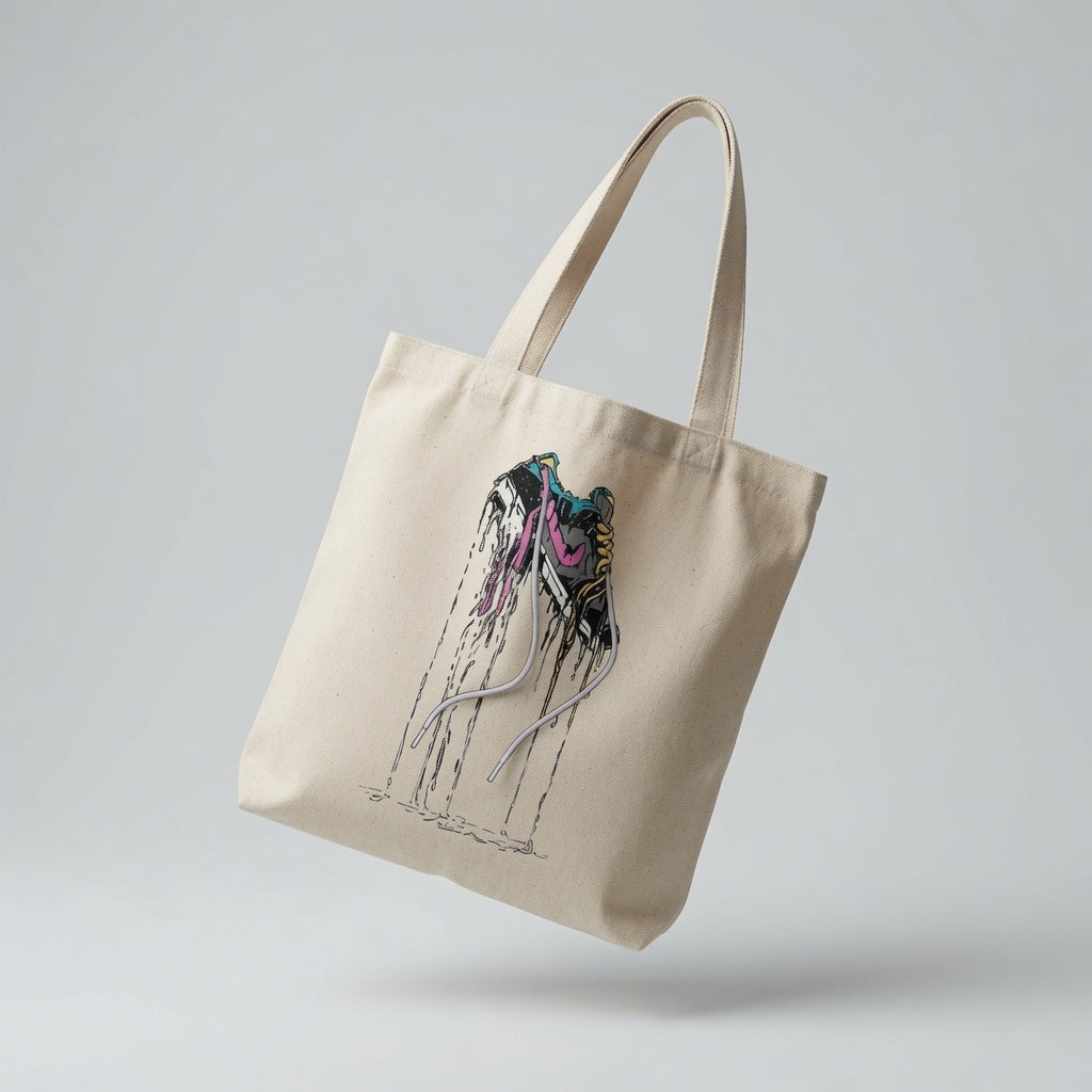 Melting Drip Sneaker Graphic Canvas Tote Bag - Abstract Streetwear Pop Art Shoulder Bag