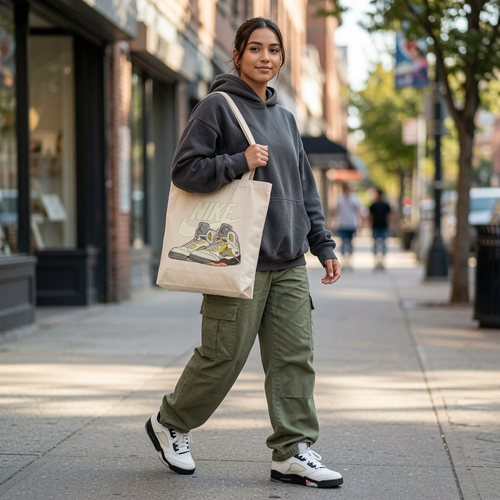 Vintage Off-White High-Top Sneaker Graphic Canvas Tote Bag - Classic Streetwear Shoulder Bag