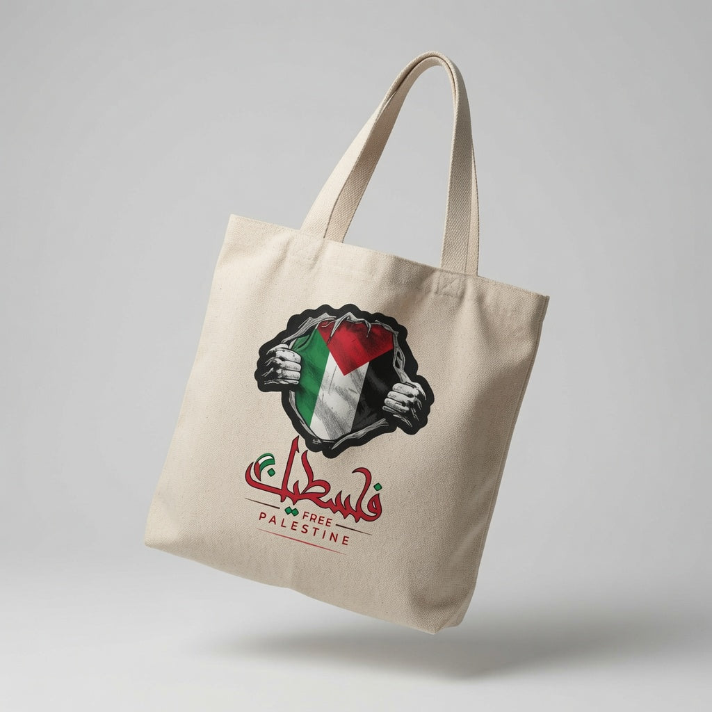 Palestine Flag Superhero Reveal Canvas Tote Bag – Arabic Calligraphy & Free Palestine Tote