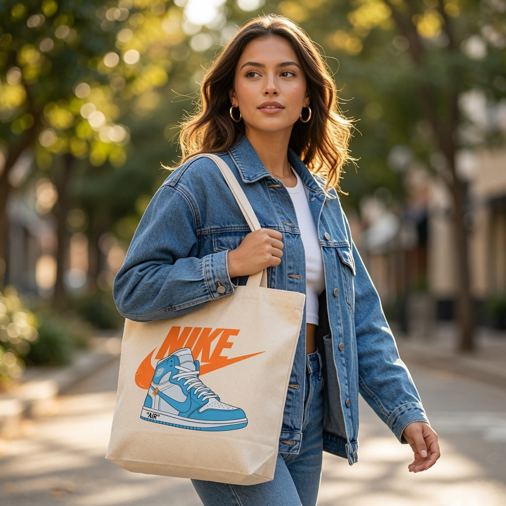 UNC Light Blue High-Top Graphic Canvas Tote Bag - Vintage Orange Logo Streetwear Shoulder Bag