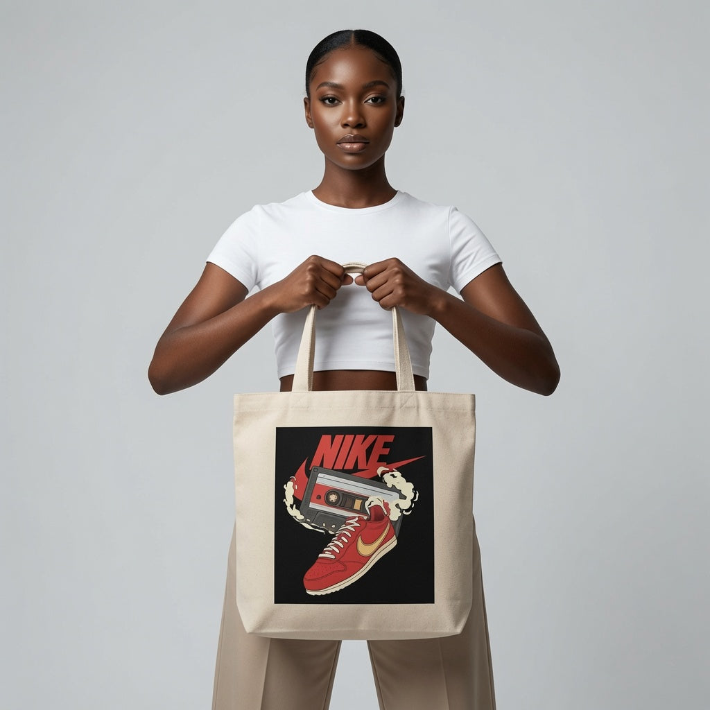 Retro Cassette Tape & Red Sneaker Graphic Canvas Tote Bag - Vintage Streetwear Shoulder Bag