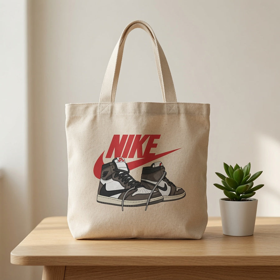 Retro Mocha High-Top Sneaker Pair Red Nike Swoosh Cotton Canvas Tote Bag