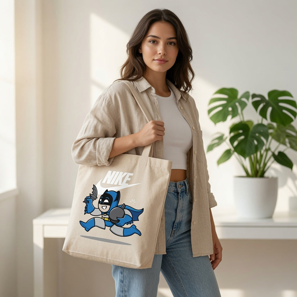 Nike x Cartoon Batman Chibi Parody Canvas Tote Bag - Beige