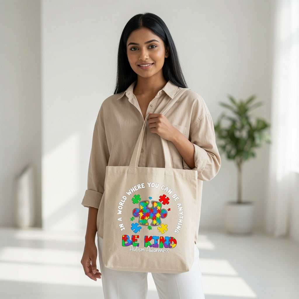 In A World Where You Can Be Anything Be Kind Autism Awareness Canvas Tote Bag – Inspirational Acceptance Gift