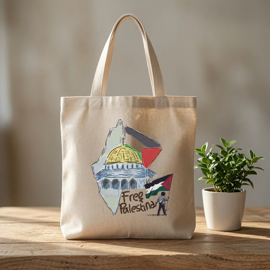 Free Palestina Dome of the Rock Illustration Canvas Tote Bag - Solidarity Handbag