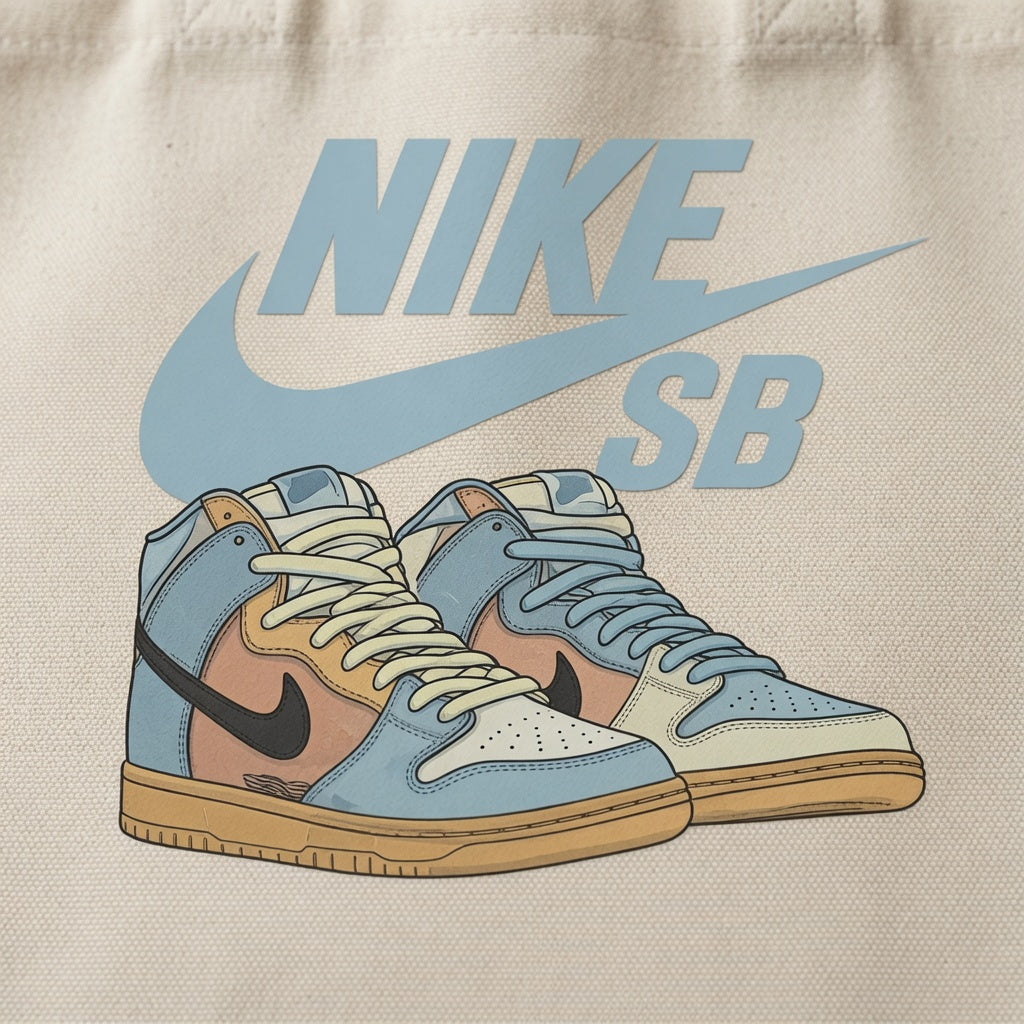 Retro Skate High-Top Graphic Canvas Tote Bag - Soft Pastel Blue Streetwear Shoulder Bag