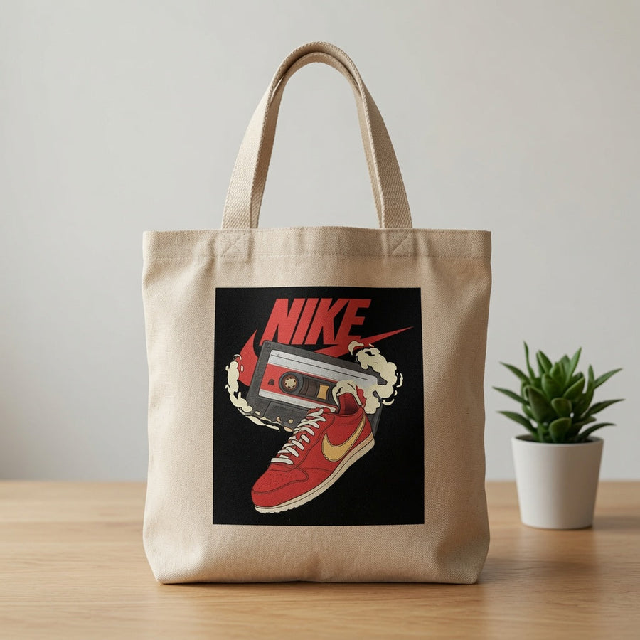 Retro Cassette Tape & Red Sneaker Graphic Canvas Tote Bag - Vintage Streetwear Shoulder Bag