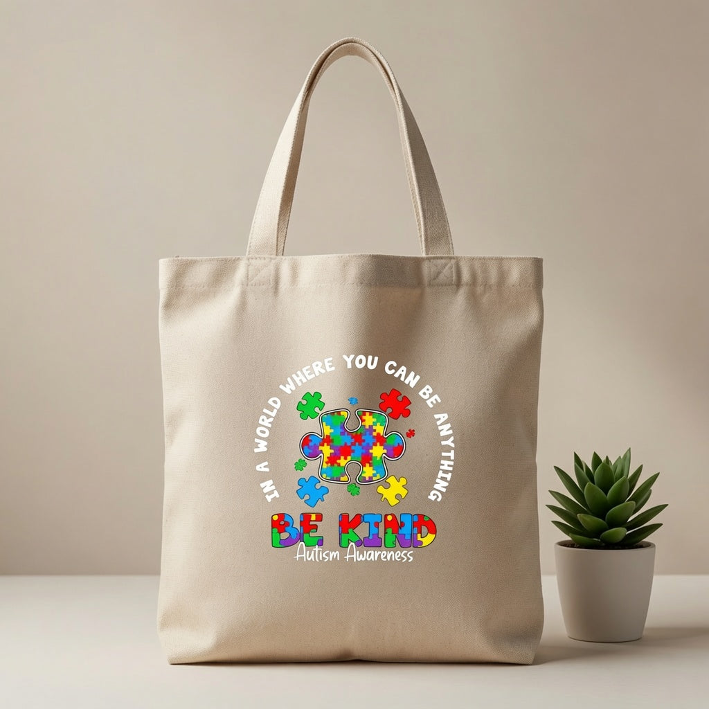 In A World Where You Can Be Anything Be Kind Autism Awareness Canvas Tote Bag – Inspirational Acceptance Gift