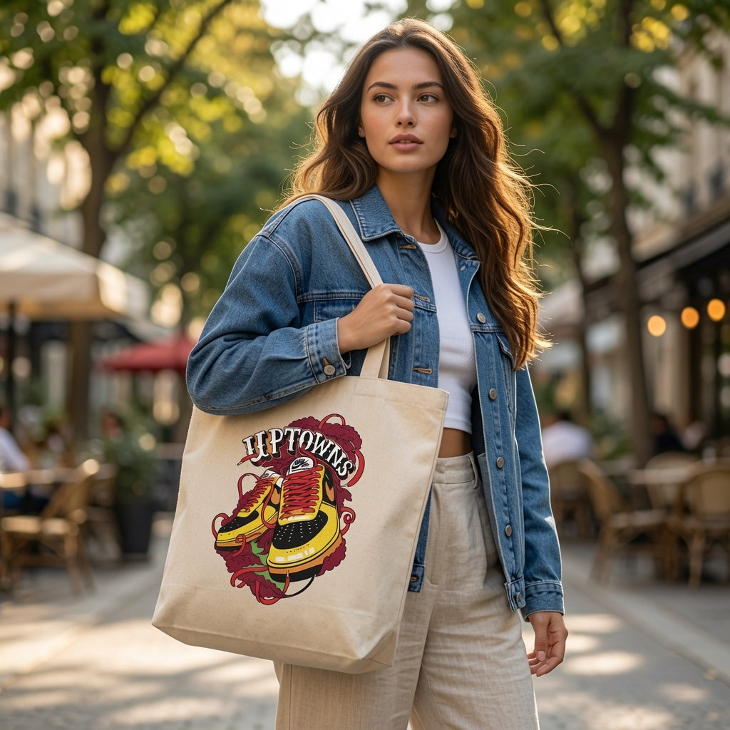 Uptowns Yellow & Black Sneaker Graphic Canvas Tote Bag - Vintage Streetwear Shoulder Bag