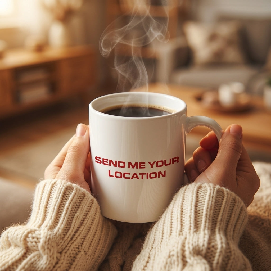 Send Me Your Location Red Typography White Ceramic Cup- Funny Meme Quote Coffee Cup (11oz)