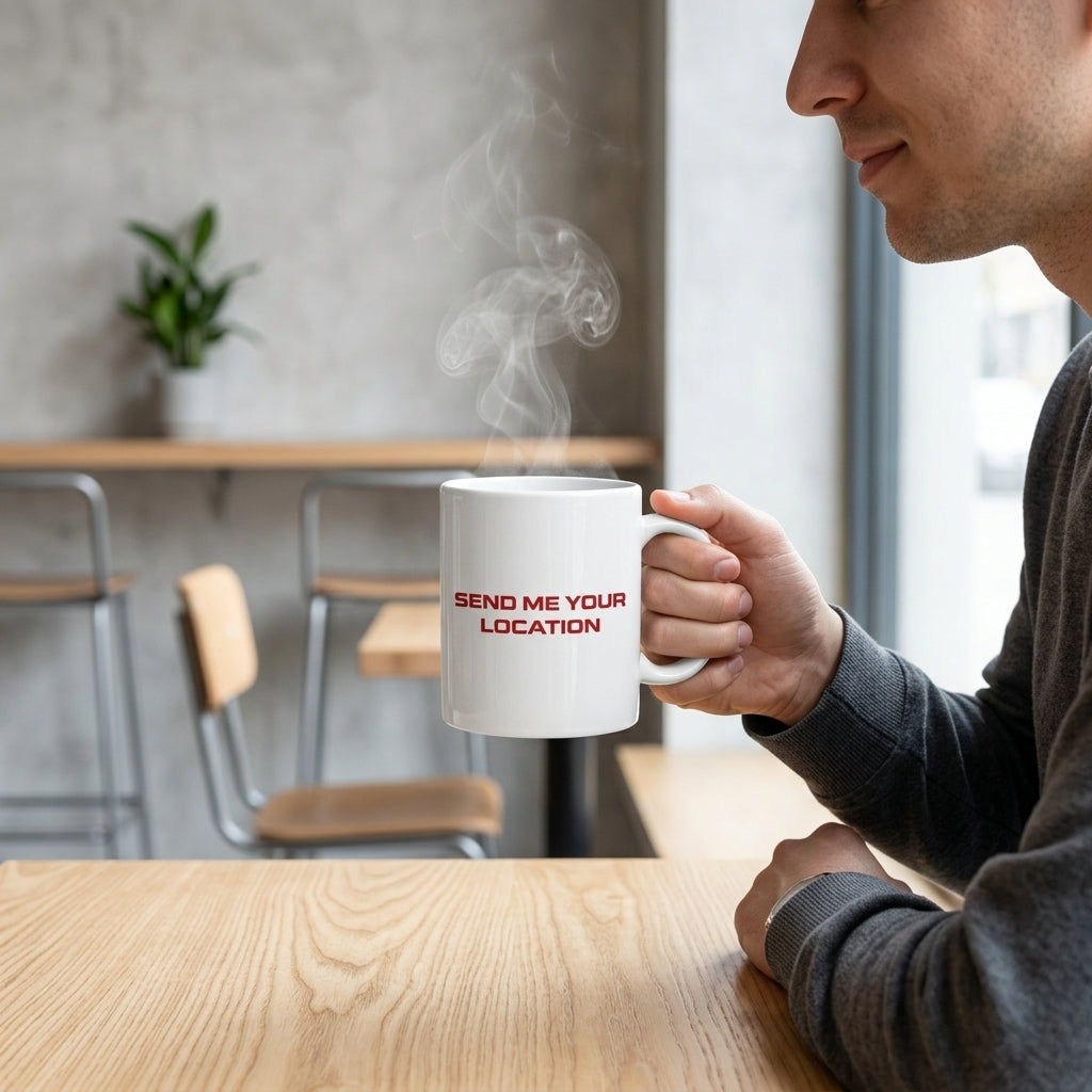Send Me Your Location Red Typography White Ceramic Cup- Funny Meme Quote Coffee Cup (11oz)