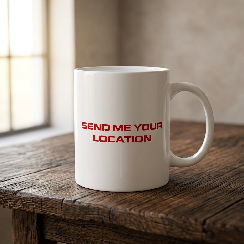 Send Me Your Location Red Typography White Ceramic Cup- Funny Meme Quote Coffee Cup (11oz)