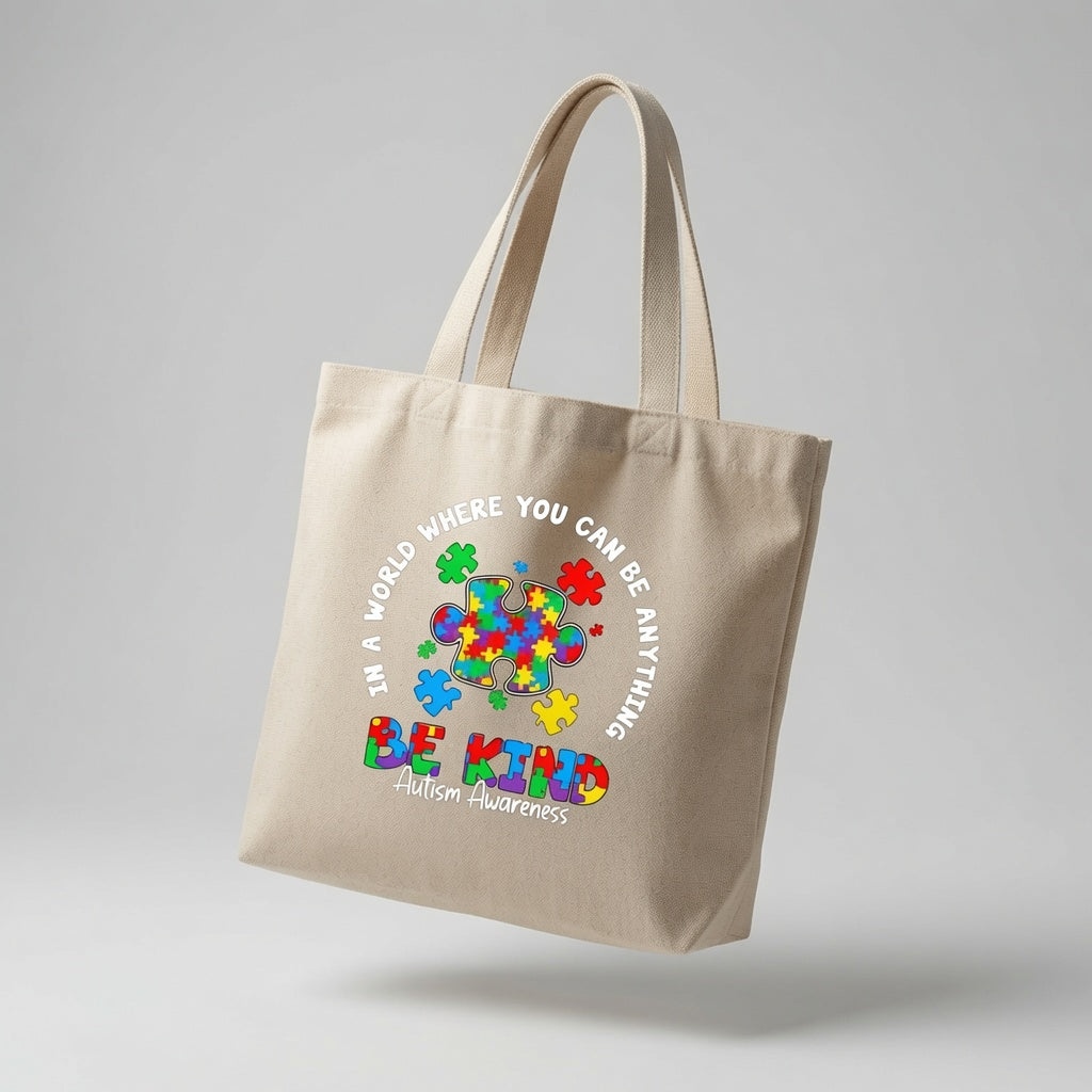 In A World Where You Can Be Anything Be Kind Autism Awareness Canvas Tote Bag – Inspirational Acceptance Gift
