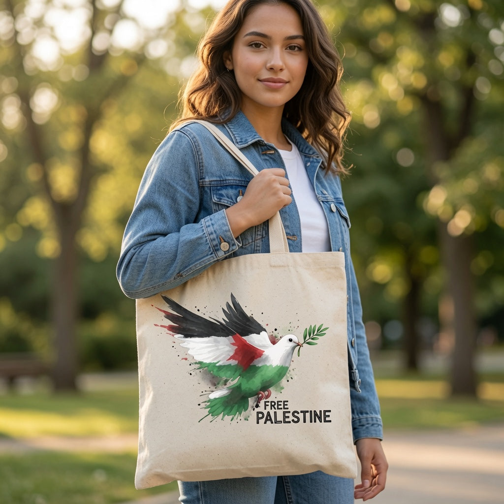 Free Palestine Peace Dove Canvas Tote Bag – Palestinian Flag Olive Branch Tote